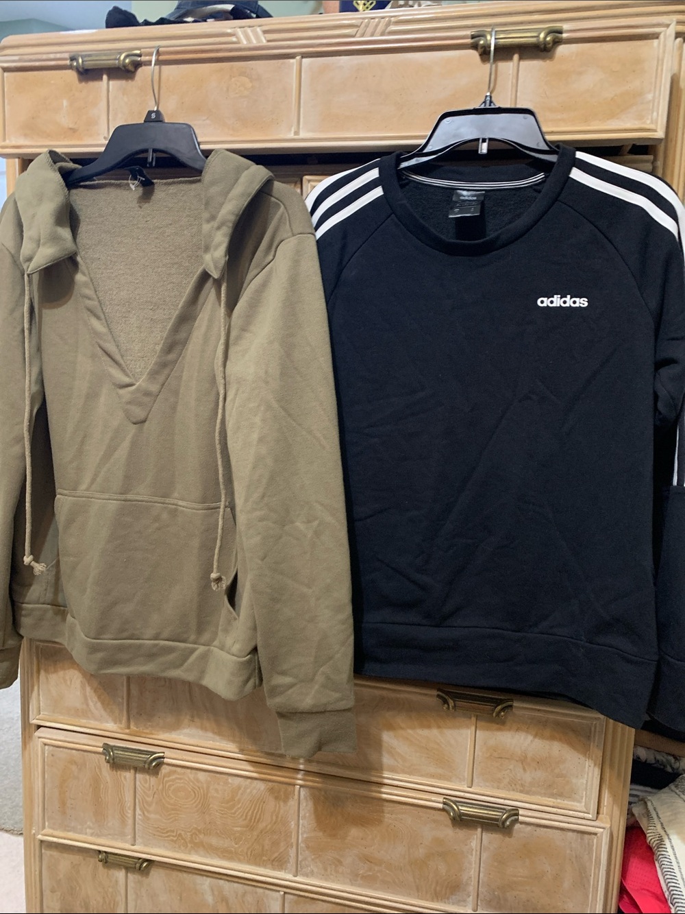 adidas Black Crewneck Sweatshirt with White Shoulder Stripes & olive green hoodi